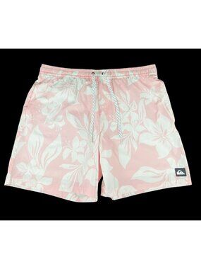 Quiksilver Mens XL Pink Tropical Swim Shorts Drawstring Waistband w/ Pockets
